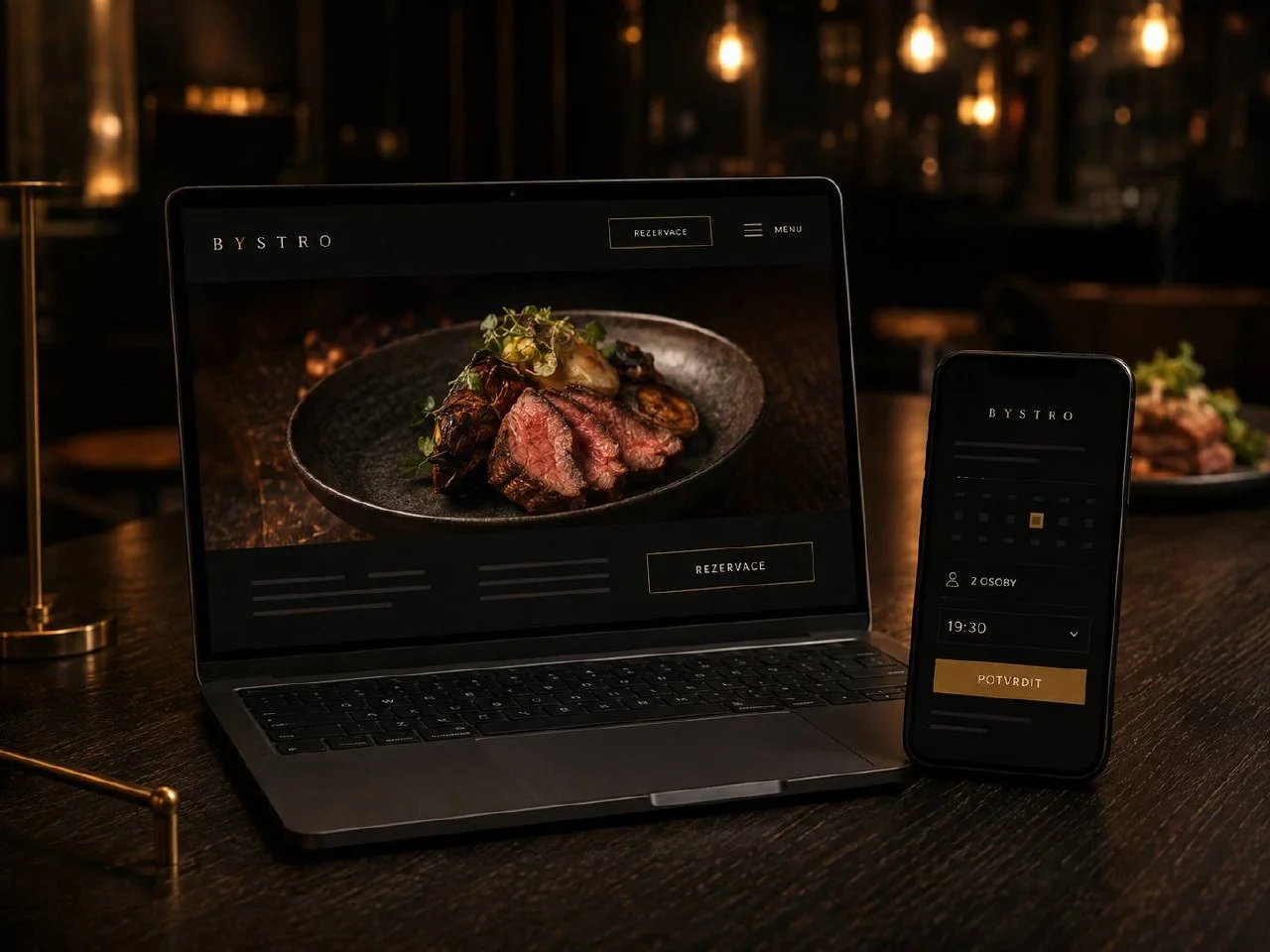 Responzivní web restaurace BYSTRO na notebooku a telefonu s rezervačním formulářem