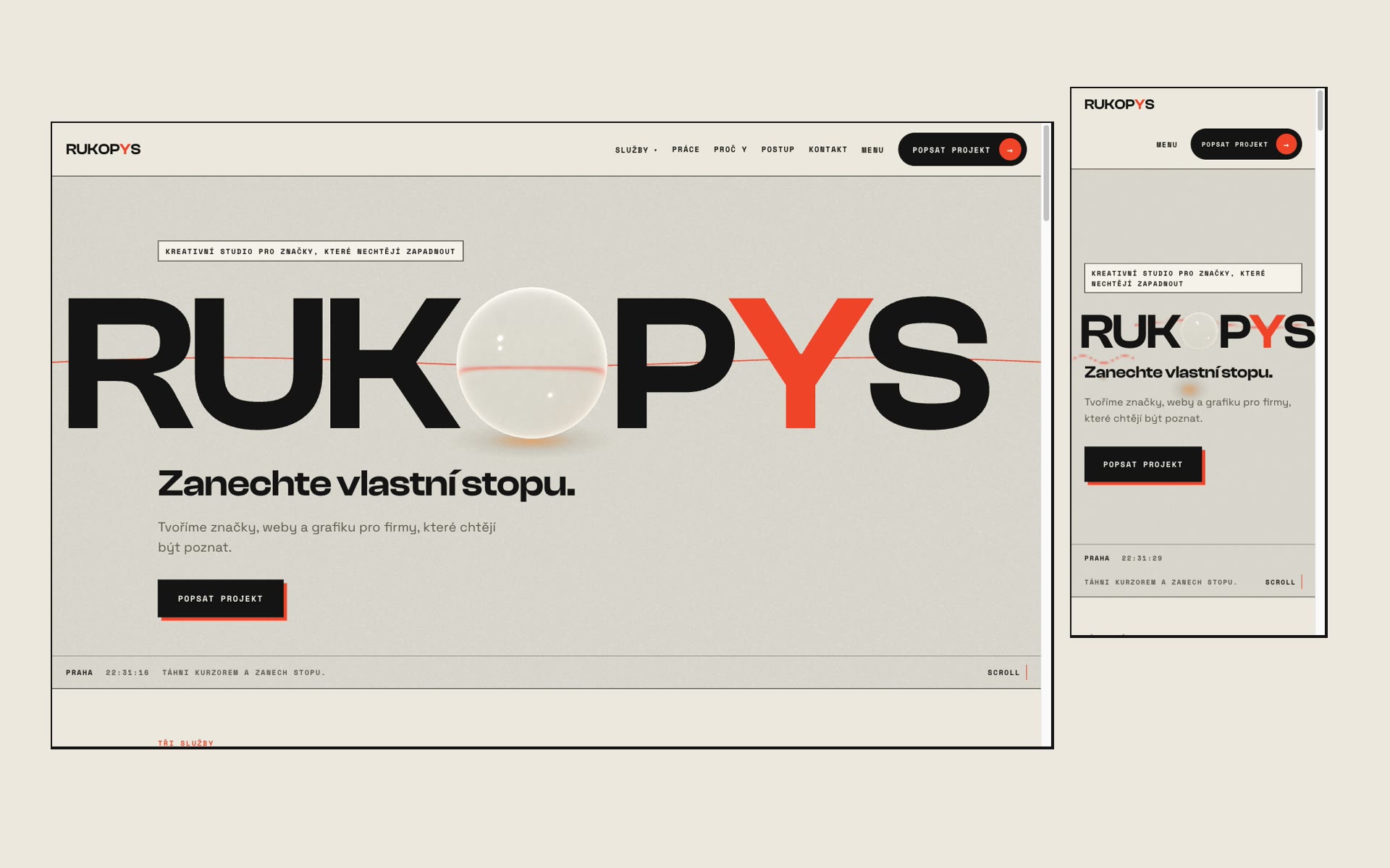 Skutečné screenshoty webu RUKOPYS V6 na desktopu a mobilu