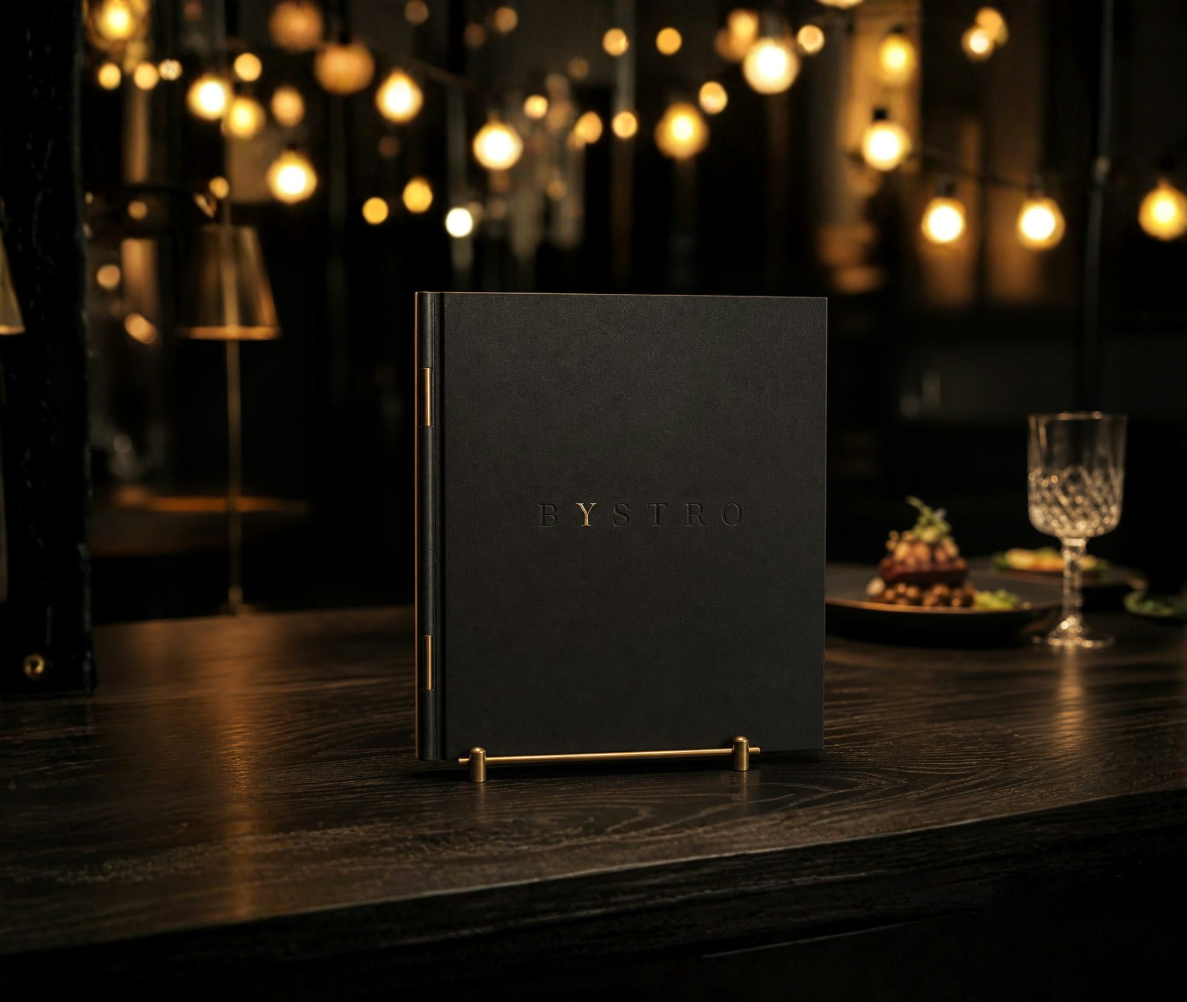 Černé menu BYSTRO na mosazném stojánku v tmavé restauraci