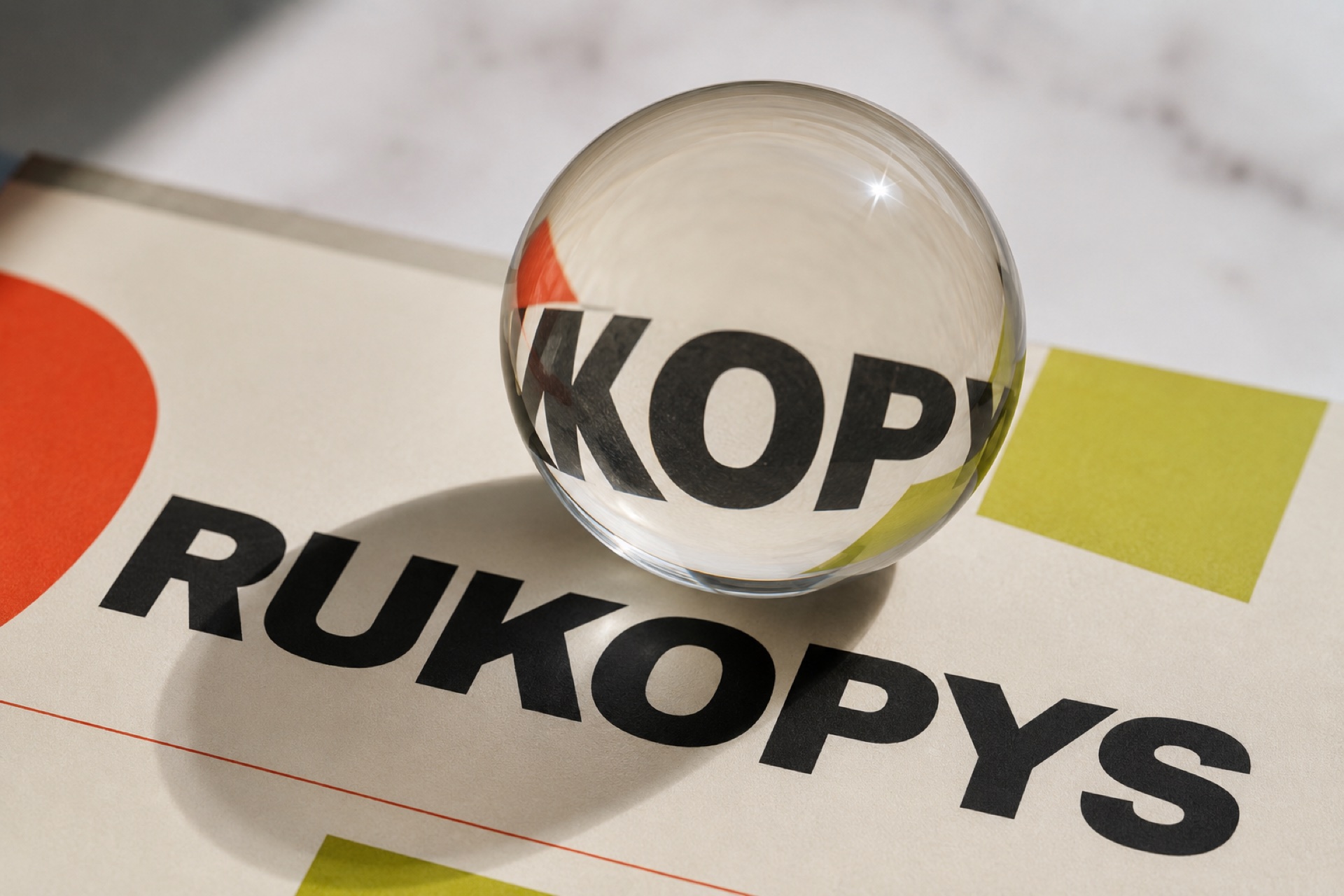 Skleněná koule leží na vytištěném wordmarku RUKOPYS a zvětšuje písmena KOPY